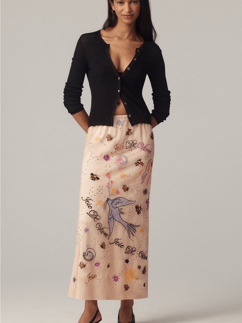 Anthropologie Cream Printed Midi Skirt With Nature Motif
